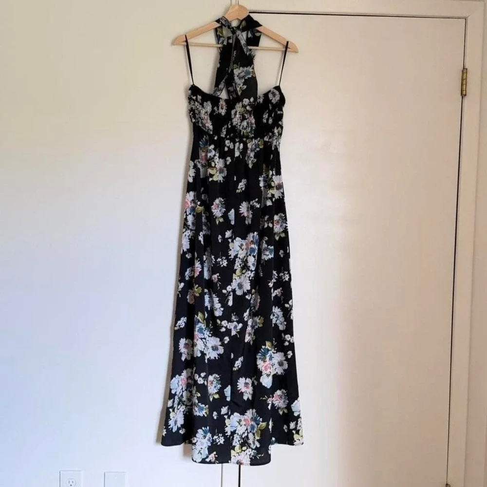 Black Floral Maxi Dress Halter Neck Cottagecore Vintage Style M
